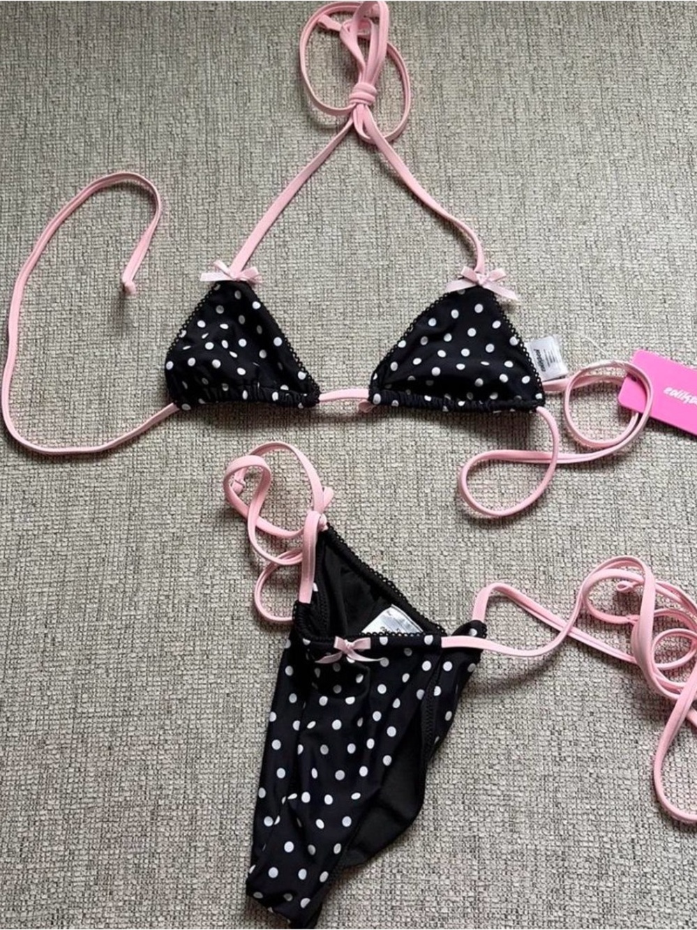 Black Polka Dot Bikini with Pink Trim